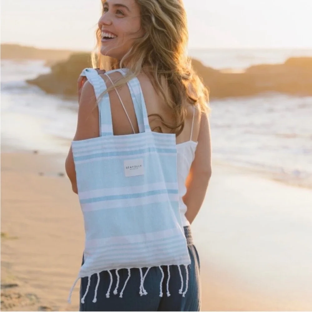 Seafolly Australia Turkish Towel‎ Set Blue Mist Stripe Beach Bag NEW